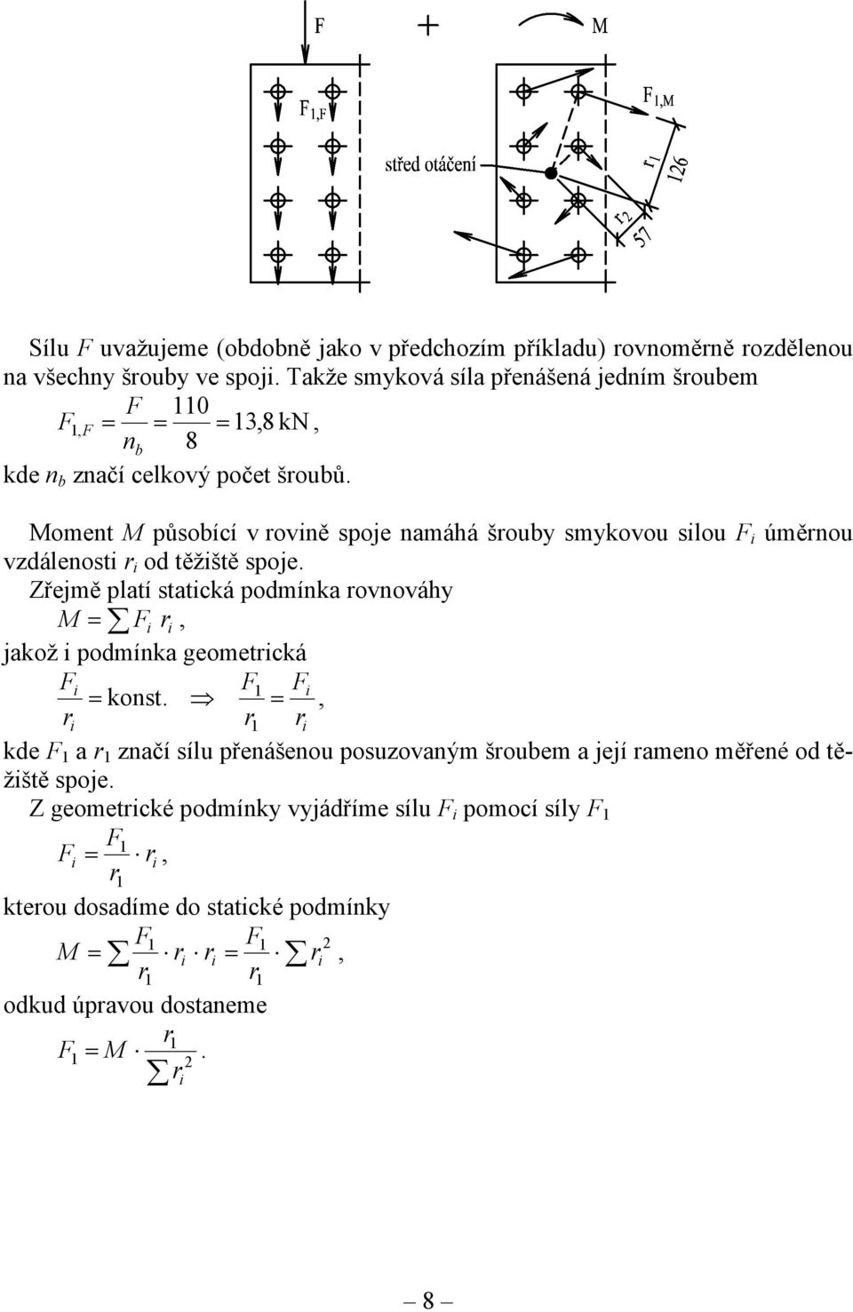 Moment M působící v rovině spoje namáhá šrouby smykovou silou F i úměrnou vzdálenosti r i od těžiště spoje.