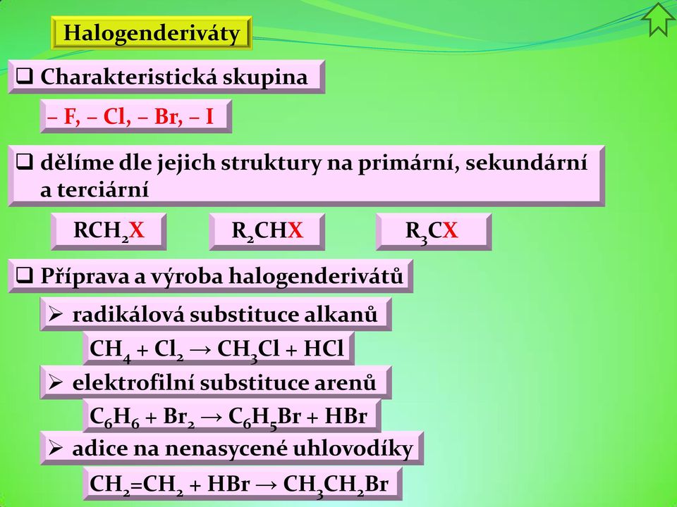 halogenderivátů radikálová substituce alkanů CH 4 + Cl 2 CH 3 Cl + HCl elektrofilní