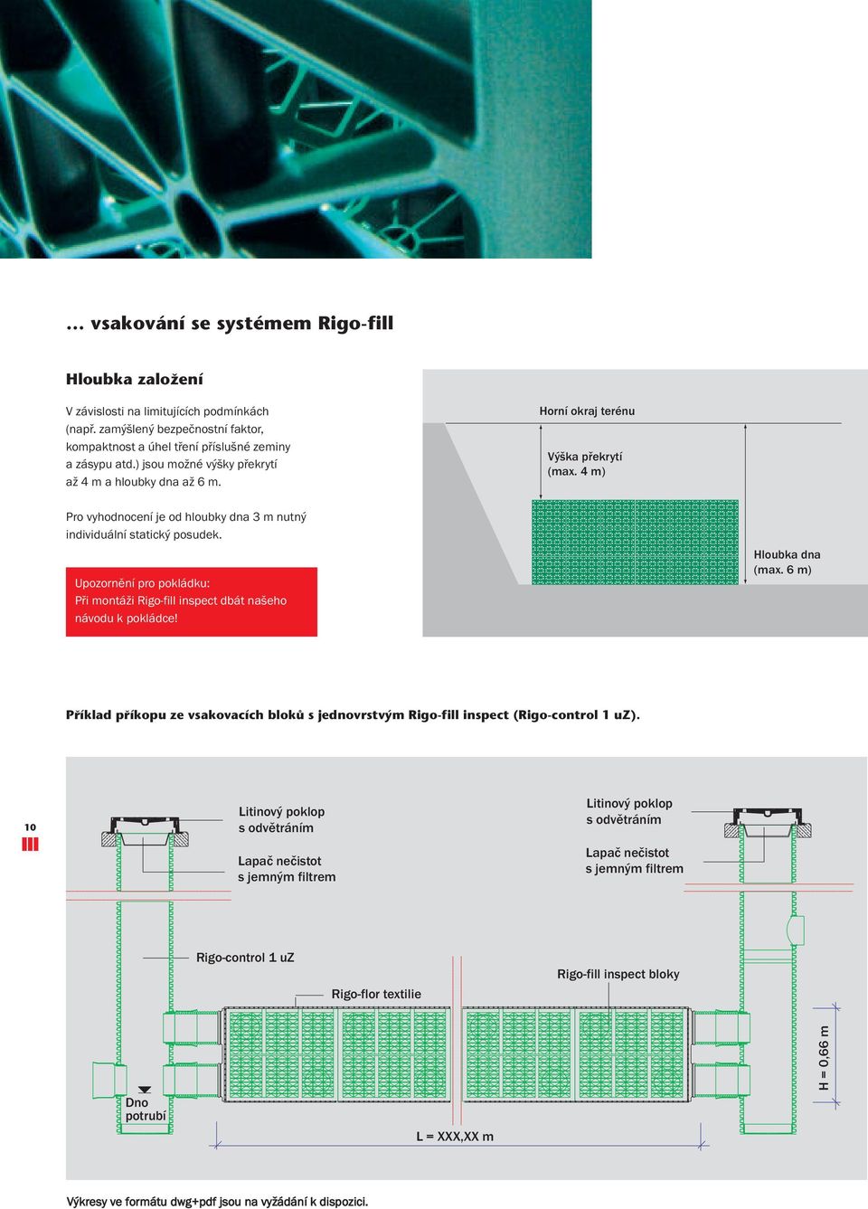 Upozornění pro pokládku: Při montáži Rigo-fill inspect dbát našeho návodu k pokládce! Hloubka dna (max.