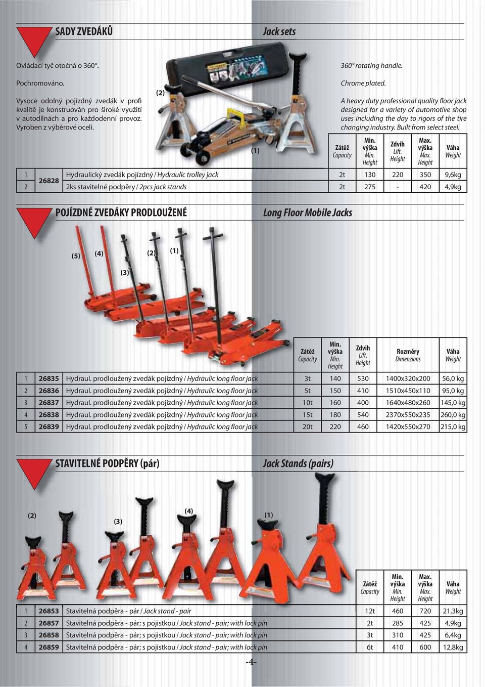 1 Hydraulický zvedák pojízdný / Hydraulic trolley jack 2t 130 220 350 9,6kg 26828 2 2ks stavitelné podpěry / 2pcs jack stands 2t 275-420 4,9kg Chrome plated.