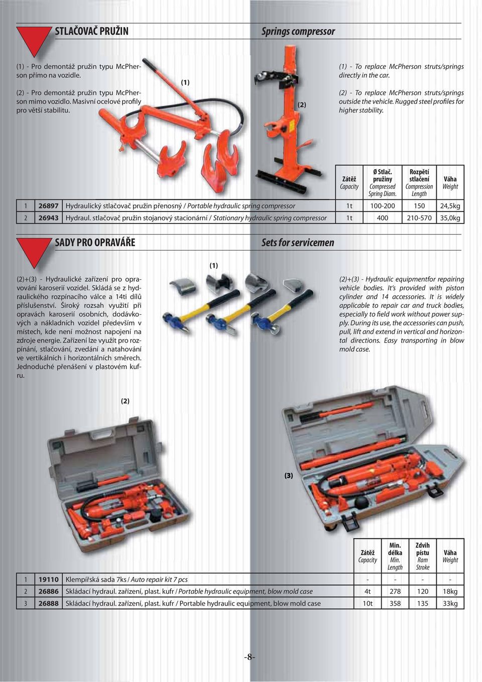 pružiny Compressed Spring Diam. Rozpětí stlačení Compression Length 1 26897 Hydraulický stlačovač pružin přenosný / Portable hydraulic spring compressor 1t 100-200 150 24,5kg 2 26943 Hydraul.