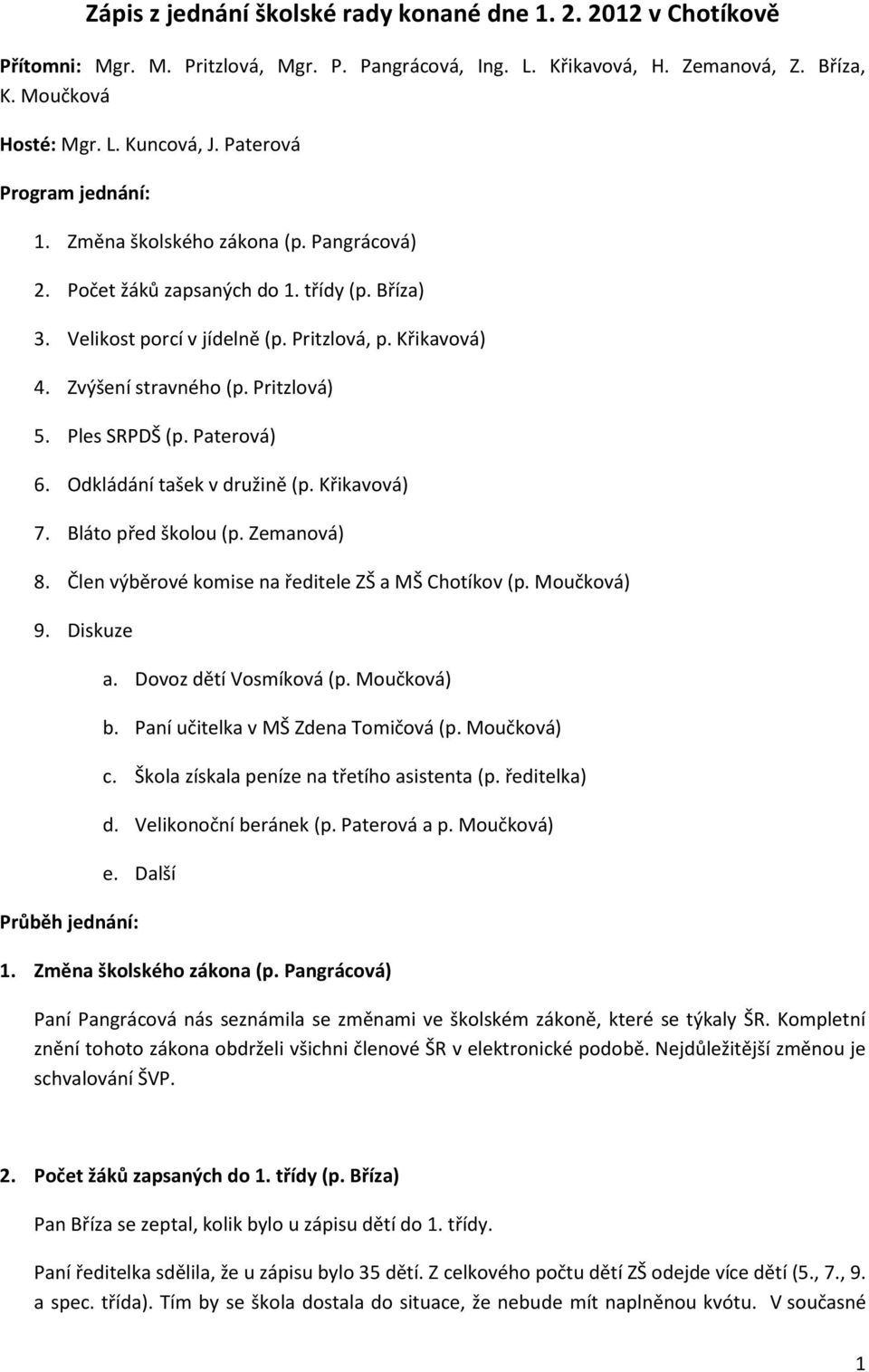 Pritzlová) 5. Ples SRPDŠ (p. Paterová) 6. Odkládání tašek v družině (p. Křikavová) 7. Bláto před školou (p. Zemanová) 8. Člen výběrové komise na ředitele ZŠ a MŠ Chotíkov (p. Moučková) 9.