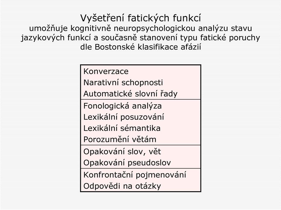 Narativní schopnosti Automatické slovní řady Fonologická analýza Lexikální posuzování Lexikální