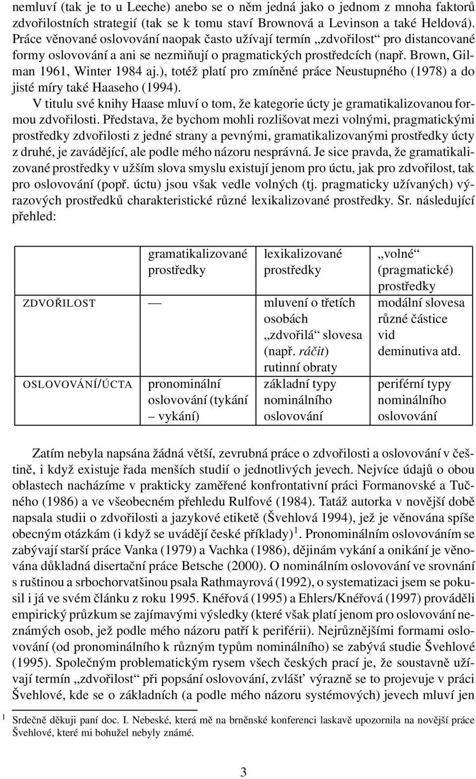 ), totéž platí pro zmíněné práce Neustupného (1978) a do jisté míry také Haaseho (1994). V titulu své knihy Haase mluví o tom, že kategorie úcty je gramatikalizovanou formou zdvořilosti.
