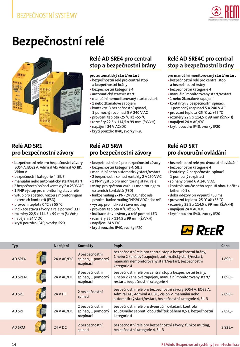 99 mm (ŠxVxH) napájení 24 V AC/DC krytí pouzdro IP40, svorky IP20 Relé AD SRE4C pro central stop a bezpečnostní brány pro manuální monitorovaný start/restart bezpečnostní relé pro central stop a