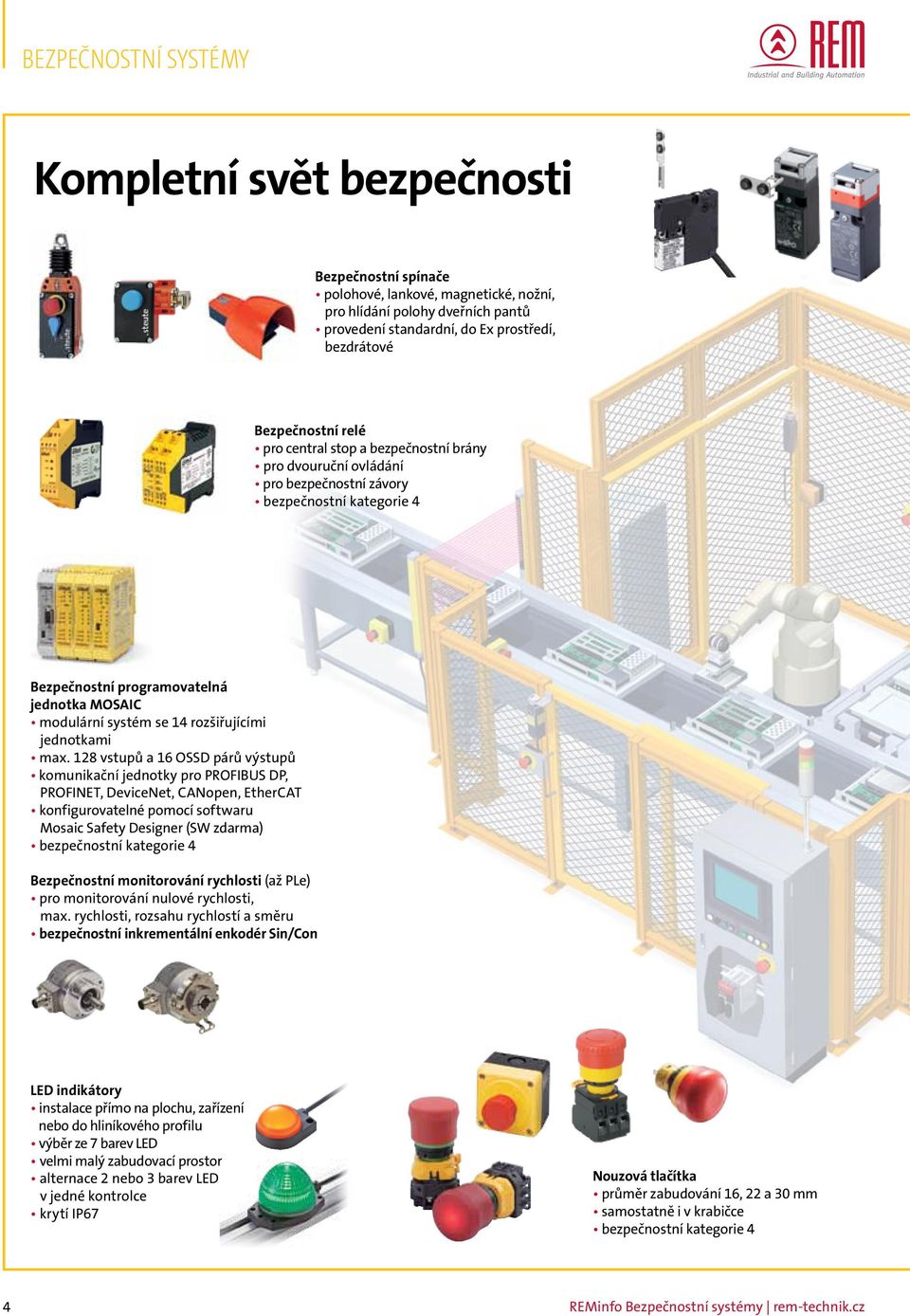 128 vstupů a 16 OSSD párů výstupů komunikační jednotky pro PROFIBUS DP, PROFINET, DeviceNet, CANopen, EtherCAT konfigurovatelné pomocí softwaru Mosaic Safety Designer (SW zdarma) bezpečnostní