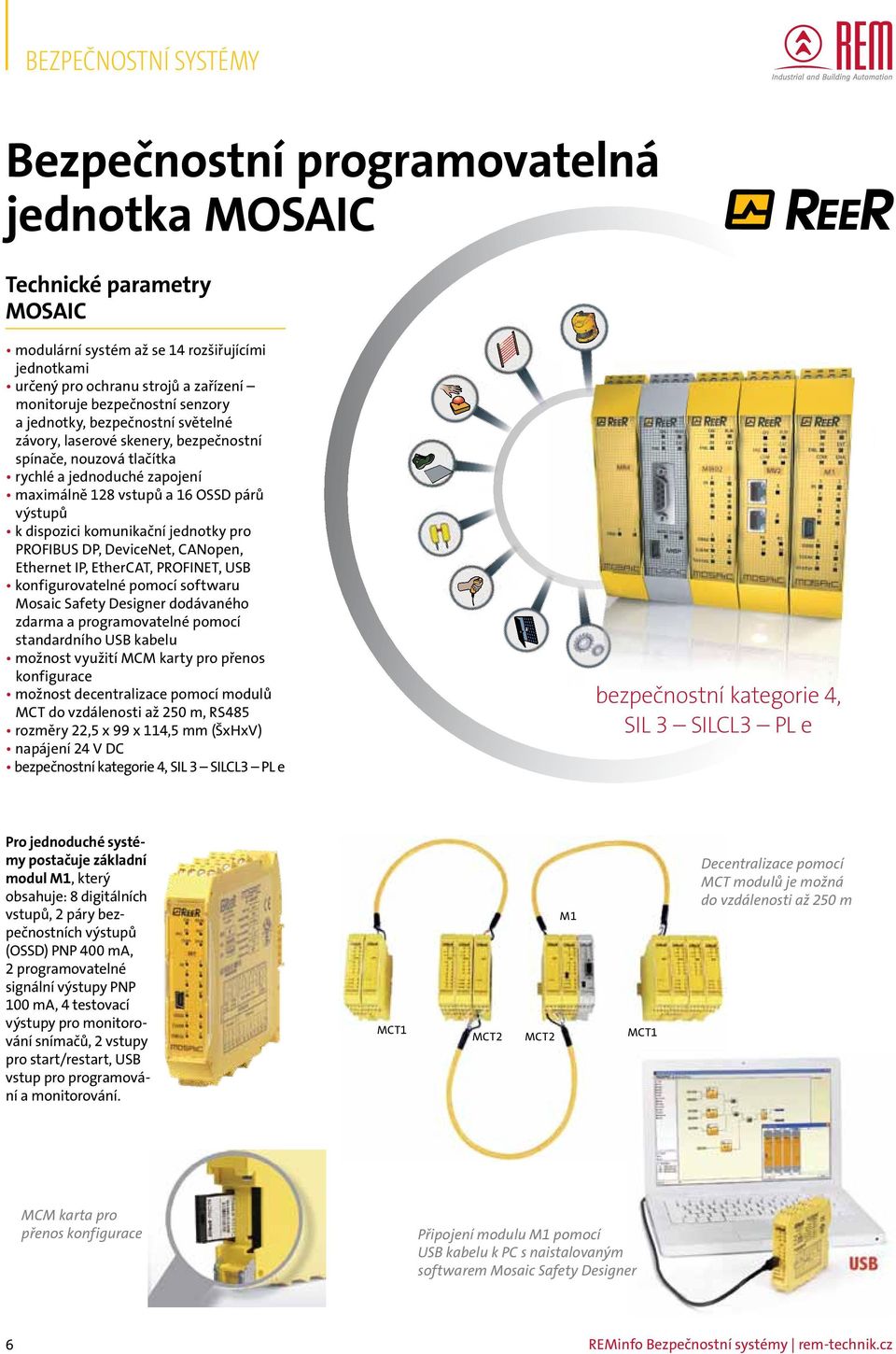 jednotky pro PROFIBUS DP, DeviceNet, CANopen, Ethernet IP, EtherCAT, PROFINET, USB konfigurovatelné pomocí softwaru Mosaic Safety Designer dodávaného zdarma a programovatelné pomocí standardního USB