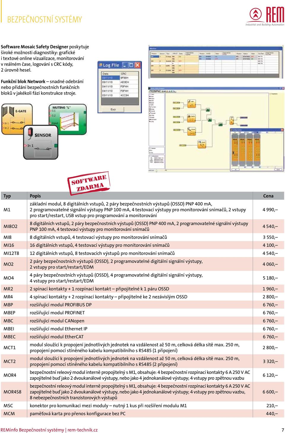 SOFTWARE ZDARMA Typ Popis Cena M1 základní modul, 8 digitálních vstupů, 2 páry bezpečnostních výstupů (OSSD) PNP 400 ma, 2 programovatelné signální výstupy PNP 100 ma, 4 testovací výstupy pro