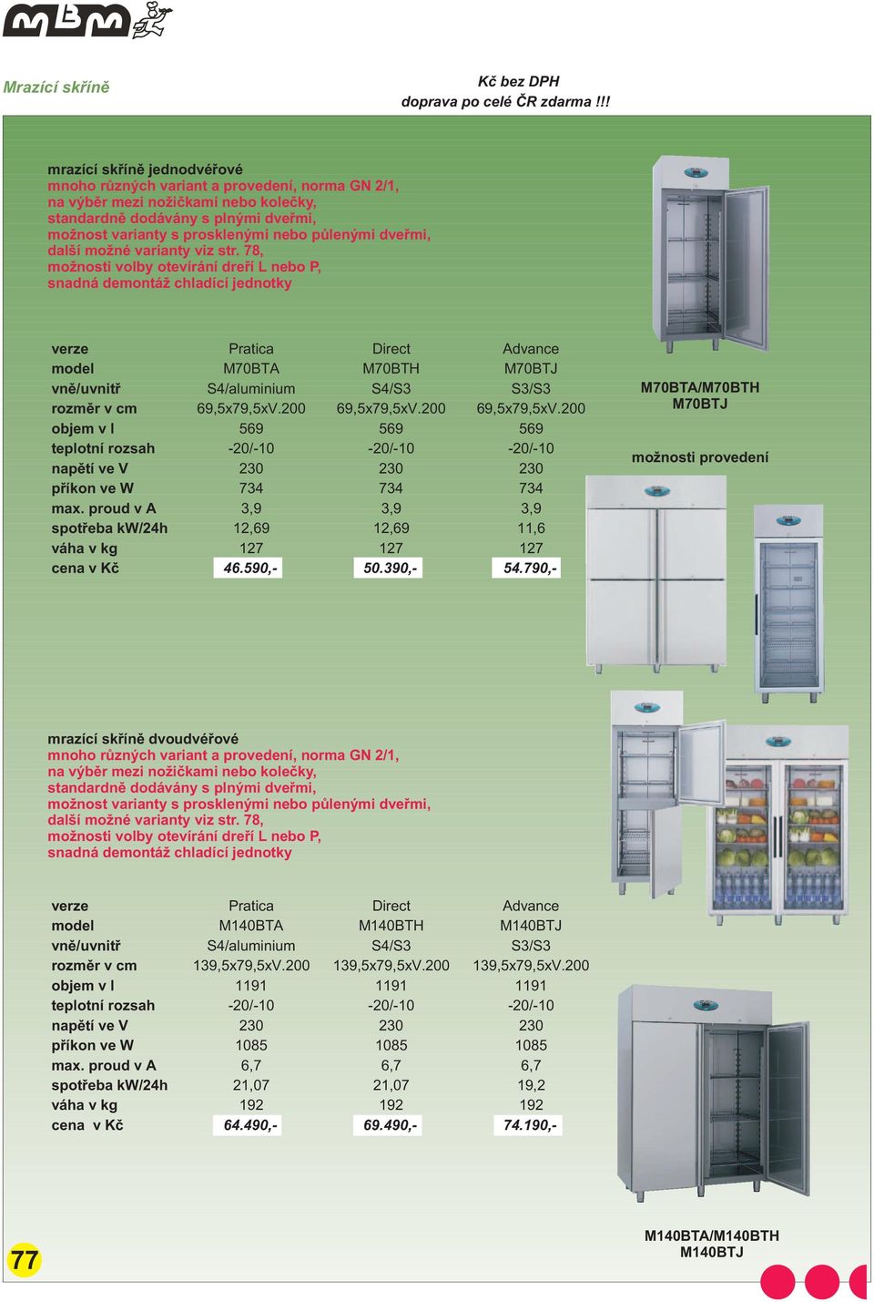 590,- 50.390,- 54.790,- M70BTA/M70BTH M70BTJ mo nosti provedení mrazící skøínì dvoudvéøové model M140BTA M140BTH M140BTJ vnì/uvnitø S4/aluminium S4/S3 S3/S3 rozmìr v cm 139,5x79,5xV.200 139,5x79,5xV.