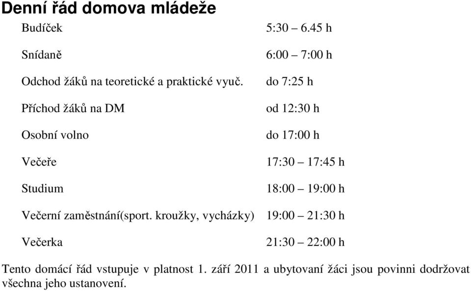 45 h 6:00 7:00 h do 7:25 h od 12:30 h do 17:00 h 17:30 17:45 h 18:00 19:00 h Večerní zaměstnání(sport.