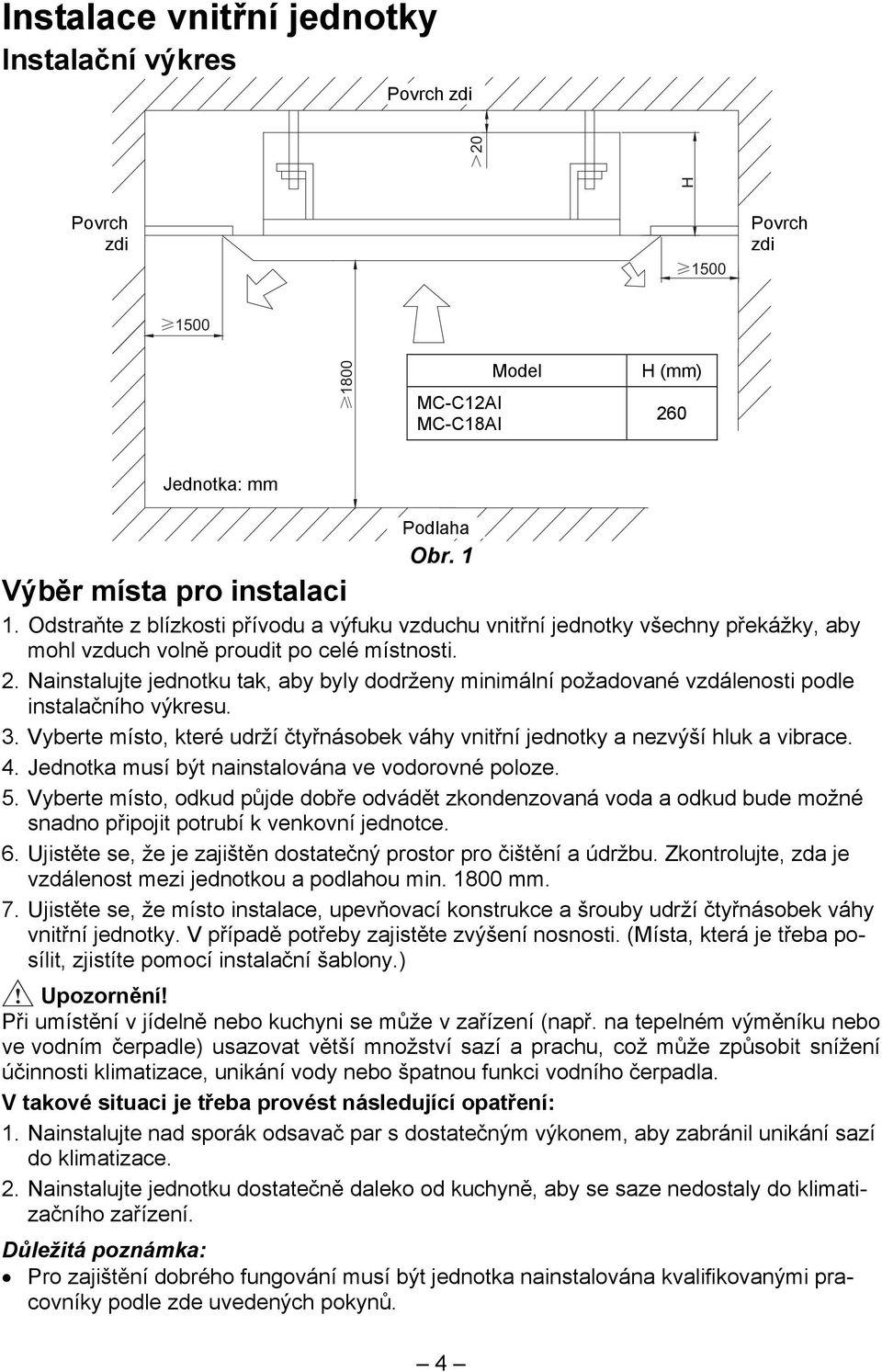 Nainstalujte jednotku tak, aby byly dodrženy minimální požadované vzdálenosti podle instalačního výkresu. 3. Vyberte místo, které udrží čtyřnásobek váhy vnitřní jednotky a nezvýší hluk a vibrace. 4.