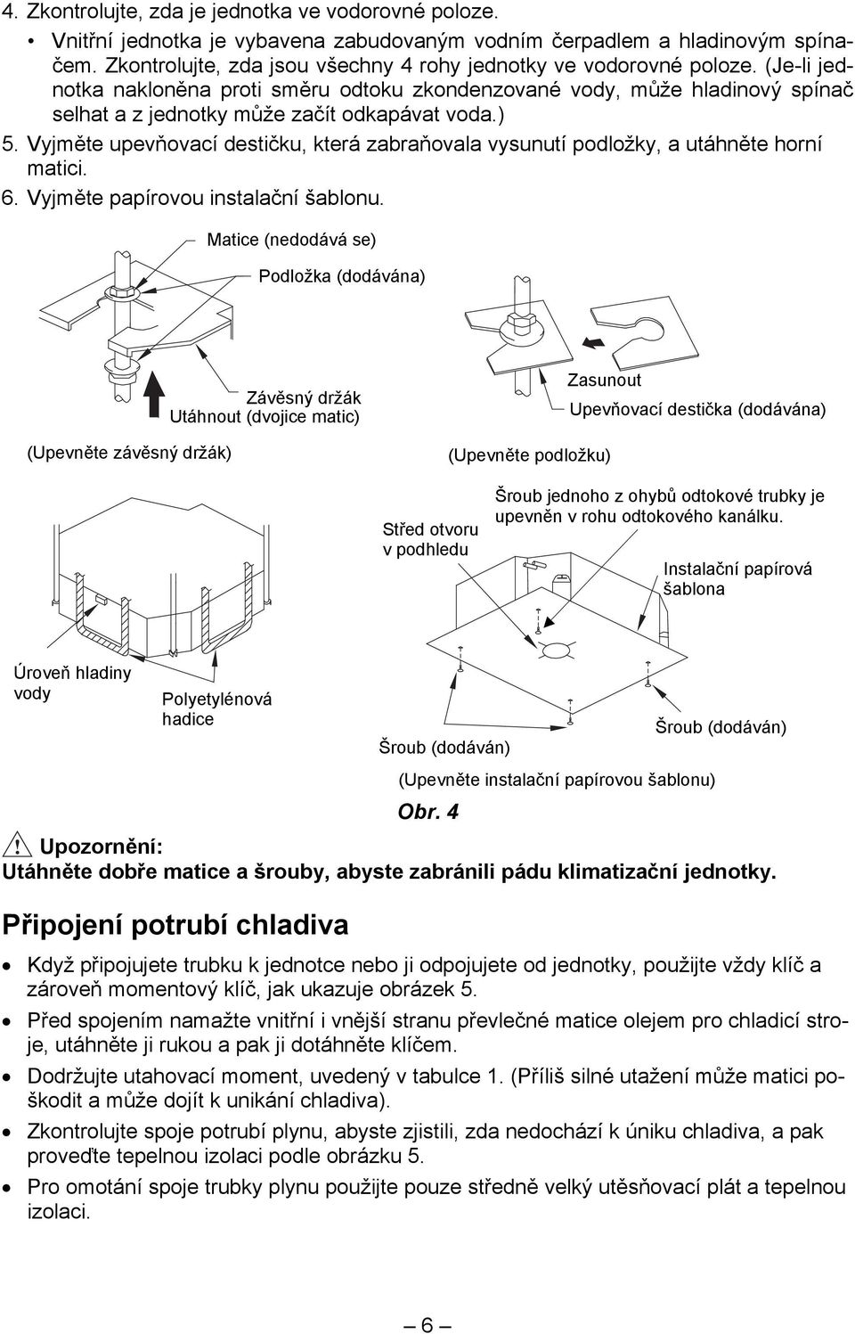 (Je-li jednotka nakloněna proti směru odtoku zkondenzované vody, může hladinový spínač selhat a z jednotky může začít odkapávat voda.) 5.
