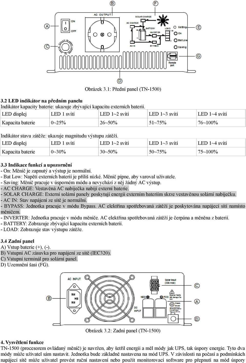 LED displej LED 1 svítí LED 1~2 svítí LED 1~3 svítí LED 1~4 svítí Kapacita baterie 0~30% 30~50% 50~75% 75~100% 3.3 Indikace funkcí a upozornění - On: Měnič je zapnutý a výstup je normální.