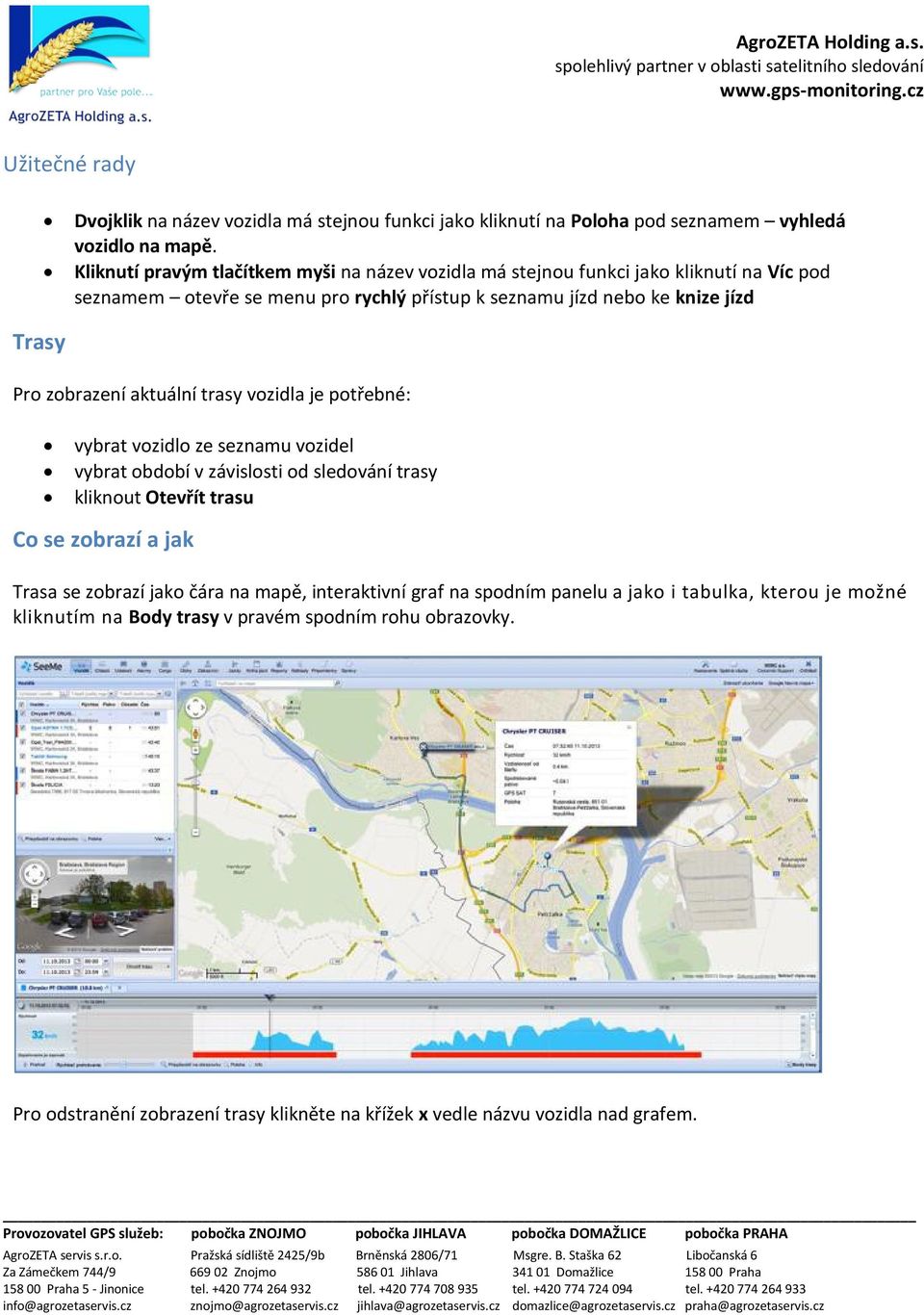 zobrazení aktuální trasy vozidla je potřebné: vybrat vozidlo ze seznamu vozidel vybrat období v závislosti od sledování trasy kliknout Otevřít trasu Co se zobrazí a jak Trasa se