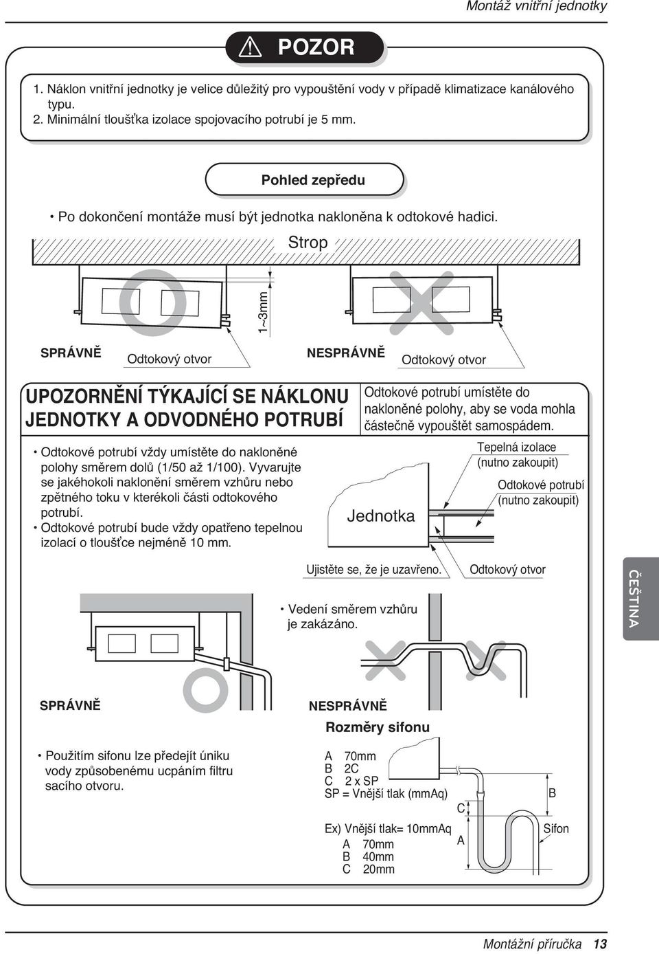 Strop 1~3mm SPRÁVNĚ Odtokový otvor NESPRÁVNĚ Odtokový otvor UPOZORNĚNÍ TÝKAJÍCÍ SE NÁKLONU JEDNOTKY A ODVODNÉHO POTRUBÍ Odtokové potrubí vždy umístěte do nakloněné polohy směrem dolů (1/50 až 1/100).
