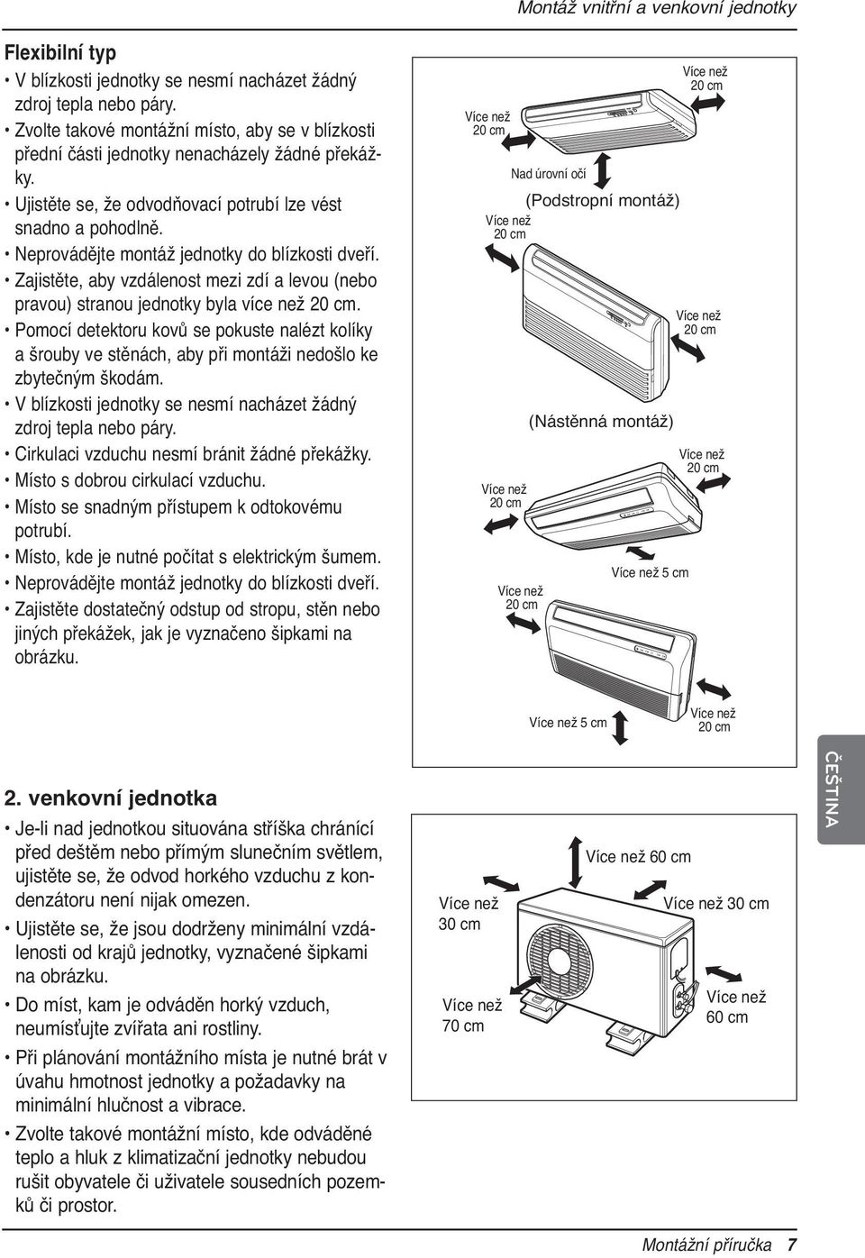 Neprovádějte montáž jednotky do blízkosti dveří. Zajistěte, aby vzdálenost mezi zdí a levou (nebo pravou) stranou jednotky byla více než 20 cm.