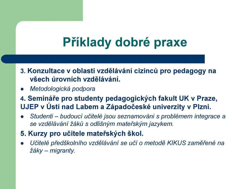 Semináře pro studenty pedagogických fakult UK v Praze, UJEP v Ústí nad Labem a Západočeské univerzity v Plzni.
