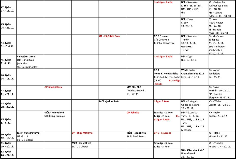 -VI.liga - 1.kolo GP B Ostrava VŠB Ostrava a TJ Sokol Klimkovice II.-VI.liga - 2.kolo BEC - Slovinsko Mirna - 16.-18. 10. U11, U13 a tbc BEC - Finsko Espoo 23.-25. 10. BEC - Slovensko Trenčín 30.