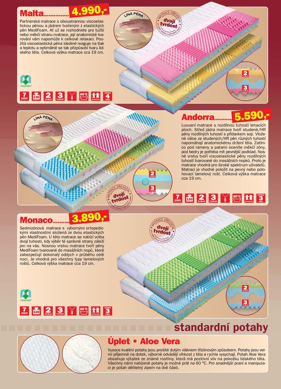 Pou- Ïitá viscoelastická pûna ideálnû reaguje na tlak a teplotu a optimálnû se tak pfiizpûsobí tvaru lidského tûla. Celková v ka matrace cca 19 cm. Andorra... 5.
