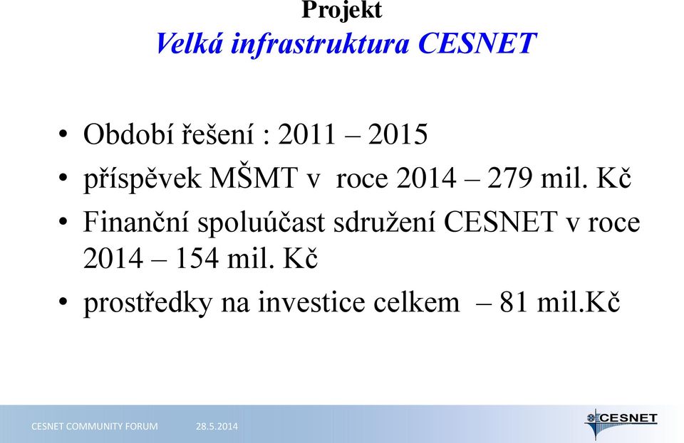 Kč Finanční spoluúčast sdružení CESNET v roce 2014