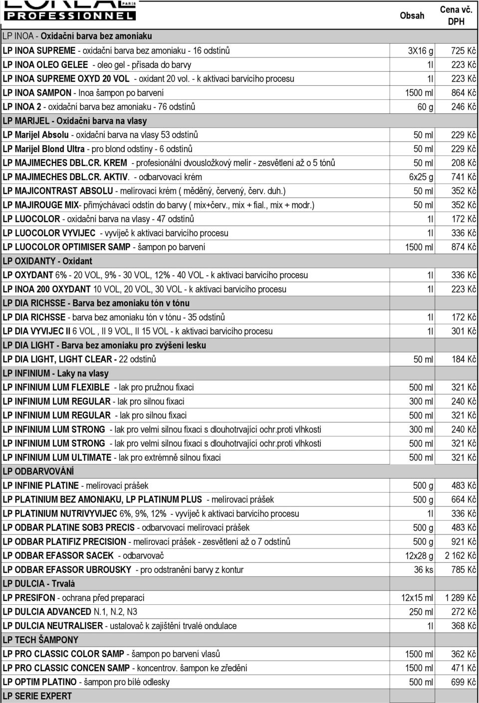 - k aktivaci barvicího procesu 1l 223 Kč LP INOA SAMPON - Inoa šampon po barvení 1500 ml 864 Kč LP INOA 2 - oxidační barva bez amoniaku - 76 odstínů 60 g 246 Kč LP MARIJEL - Oxidační barva na vlasy