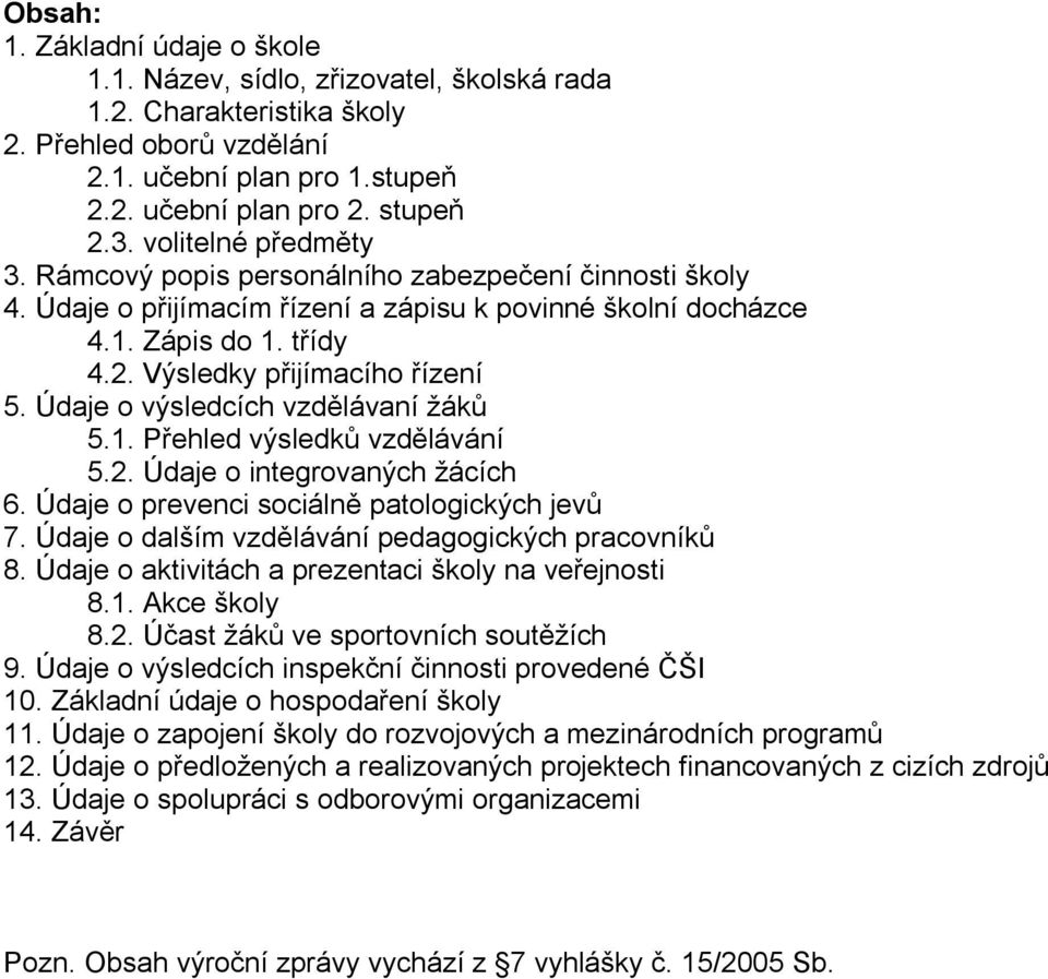 Údaje o výsledcích vzdělávaní žáků 5.1. Přehled výsledků vzdělávání 5.2. Údaje o integrovaných žácích 6. Údaje o prevenci sociálně patologických jevů 7.