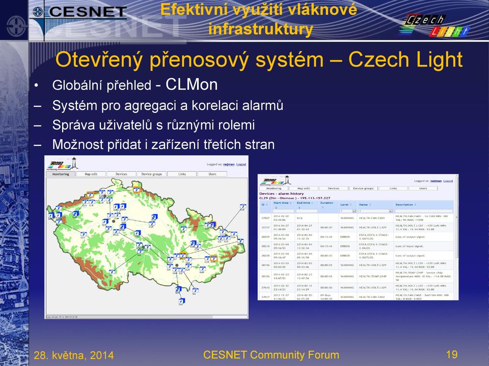 a korelaci alarmů Správa uživatelů s různými