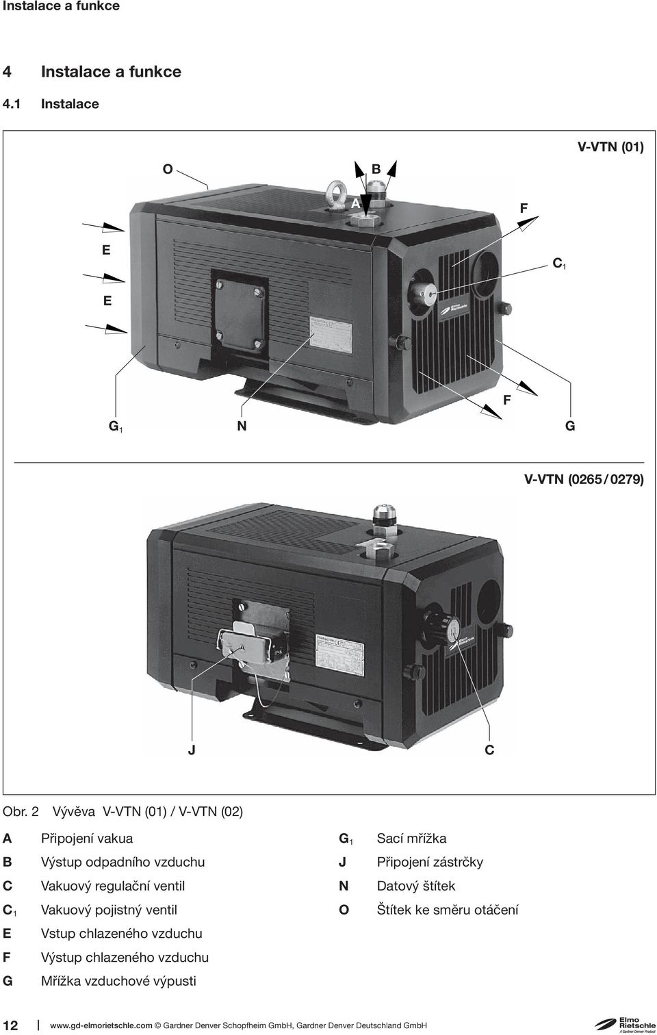 regulační ventil N Datový štítek C 1 Vakuový pojistný ventil O Štítek ke směru otáčení E Vstup chlazeného vzduchu F Výstup