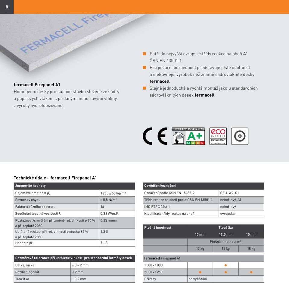 jednoduchá a rychlá montáž jako u standardních sádrovláknitých desek fermacell Technické údaje fermacell Firepanel A1 Jmenovité hodnoty Osvědčení/označení Objemová hmotnost ρ k 1 200 ± 50 kg/m³