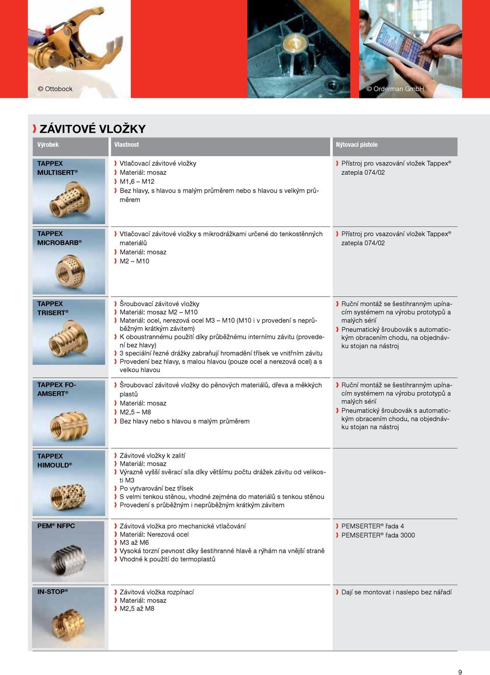 vsazování vložek Tappex zatepla 074/02 TAPPEX TRISERT TAPPEX FO- AMSERT Šroubovací závitové vložky Materiál: mosaz M2 M10 Materiál: ocel, nerezová ocel M3 M10 (M10 i v provedení s neprůběžným krátkým