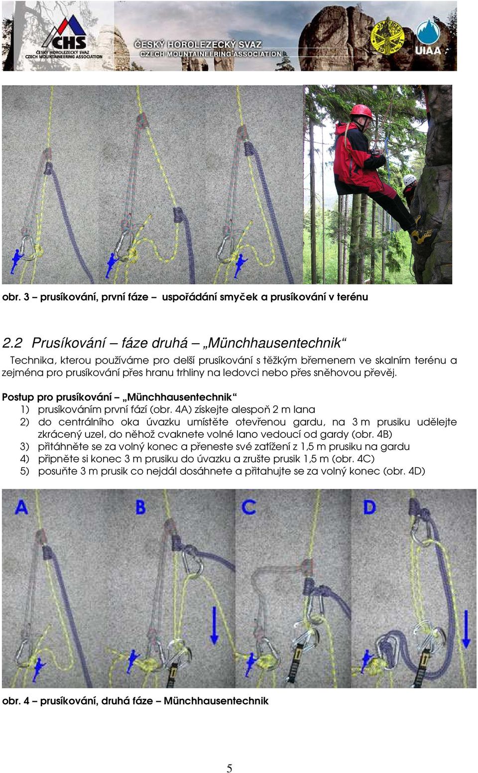 sněhovou převěj. Postup pro prusíkování Münchhausentechnik 1) prusíkováním první fází (obr.