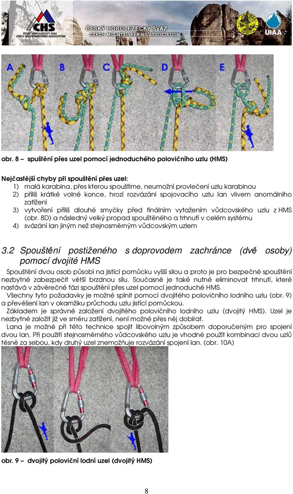 8D) a následný velký propad spouštěného a trhnutí v celém systému 4) svázání lan jiným než stejnosměrným vůdcovským uzlem 3.