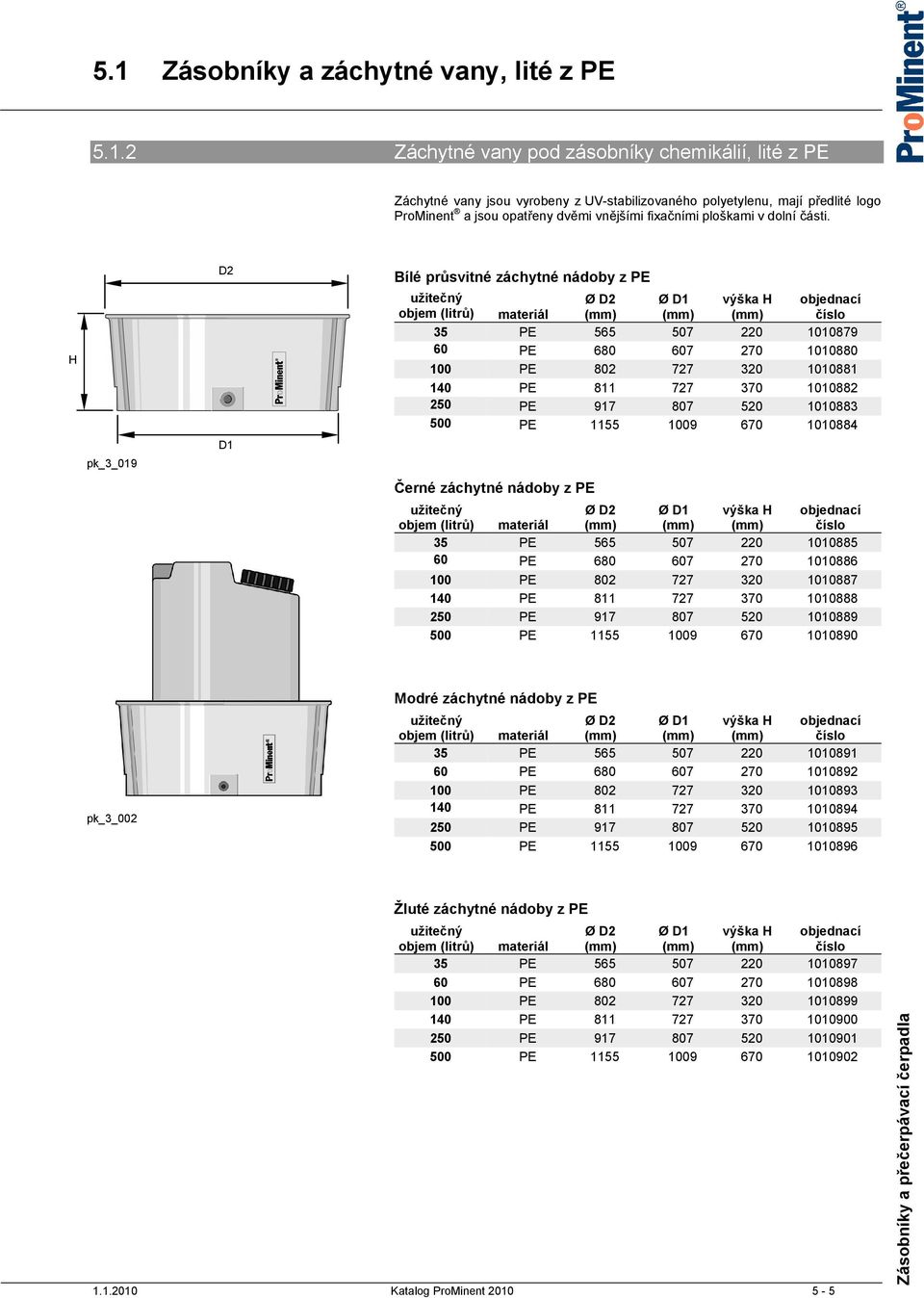 H pk_3_019 D2 D1 Bílé průsvitné záchytné nádoby z PE užitečný objem (litrů) materiál Ø D2 Ø D1 výška H objednací číslo 35 PE 565 507 220 1010879 60 PE 680 607 270 1010880 100 PE 802 727 320 1010881