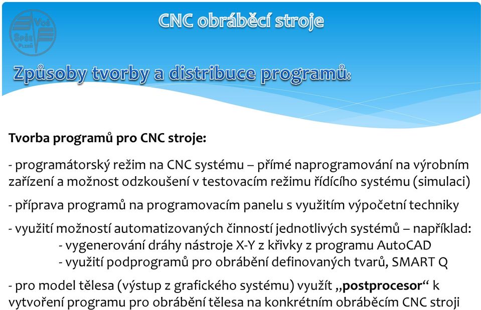 činností jednotlivých systémů například: - vygenerování dráhy nástroje X-Y z křivky z programu AutoCAD - využití podprogramů pro obrábění definovaných