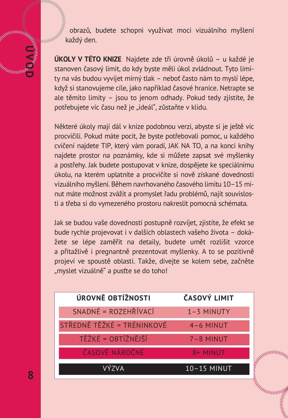 Pokud tedy zjistíte, že potřebujete víc času než je ideál, zůstaňte v klidu. Některé úkoly mají dál v knize podobnou verzi, abyste si je ještě víc procvičili.