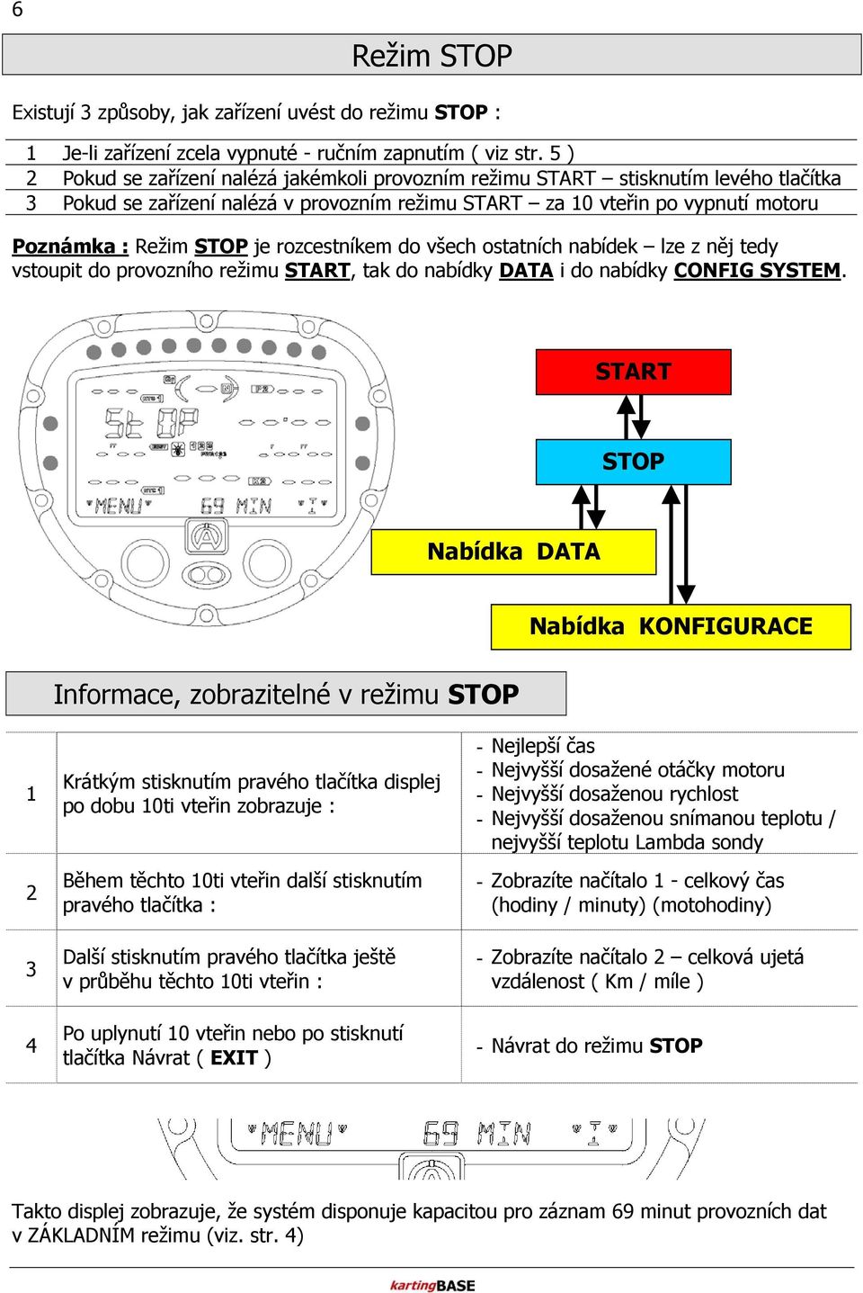 rozcestníkem do všech ostatních nabídek lze z něj tedy vstoupit do provozního režimu START, tak do nabídky DATA i do nabídky CONFIG SYSTEM.