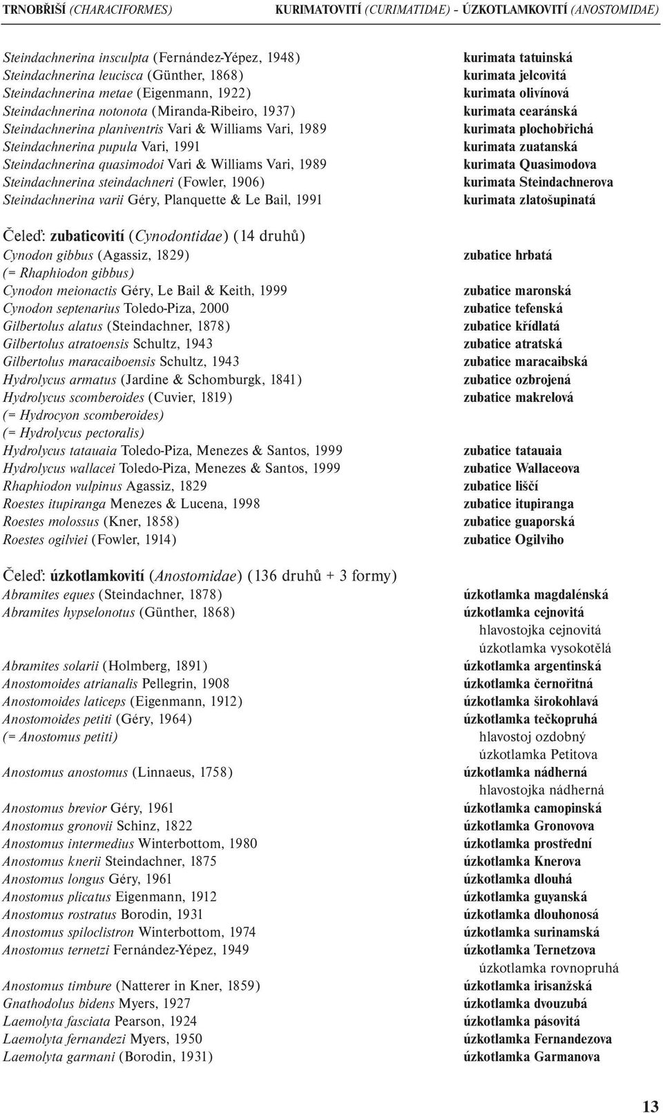 Vari, 1989 Steindachnerina steindachneri (Fowler, 1906) Steindachnerina varii Géry, Planquette & Le Bail, 1991 Čeleď: zubaticovití (Cynodontidae) (14 druhů) Cynodon gibbus (Agassiz, 1829) (=
