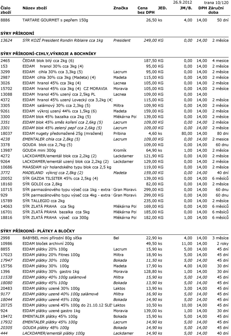 2465 ČEDAR blok bilý cca 2kg (6) 187,50 KG 153 EIDAM hranol 30% cca 3kg (4) 95,00 KG 3299 EIDAM cihla 30% cca 3,3kg (5) Lacrum 95,00 KG 2987 EIDAM cihla 30% cca 3kg (Madeta) (4) Madeta 115,00 KG 3026