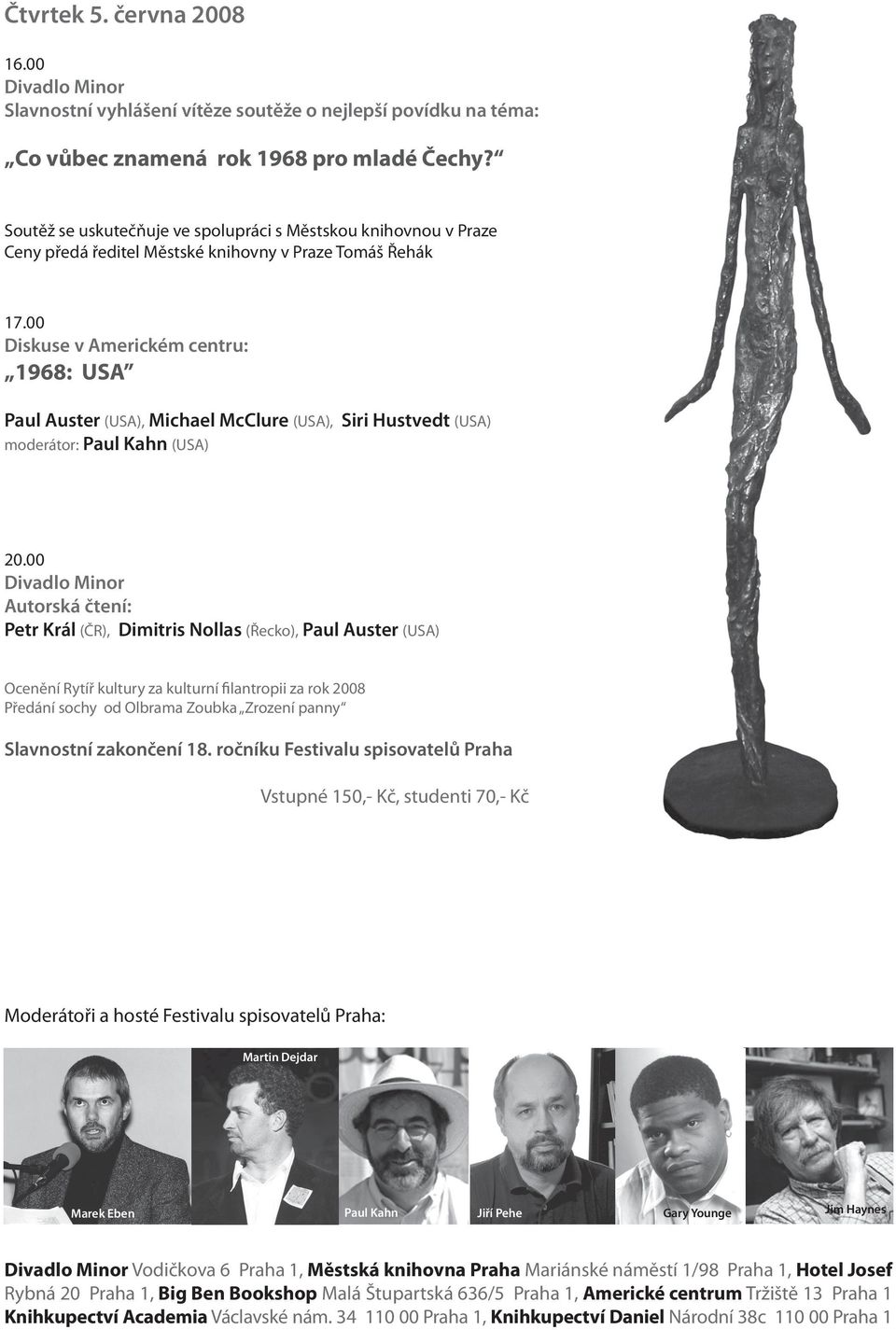 (USA), Siri Hustvedt (USA) moderátor: Paul Kahn (USA) Petr Král (ČR), Dimitris Nollas (Řecko), Paul Auster (USA) Ocenění Rytíř kultury za kulturní filantropii za rok 2008 Předání sochy od Olbrama