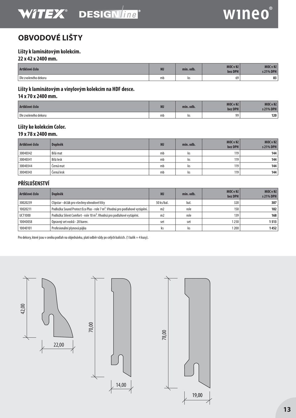 Dle zvoleného dekoru mb ks 99 120 Lišty ke kolekcím Color. 19 x 78 x 2400 mm. Artiklové číslo Doplněk MJ min. odb.