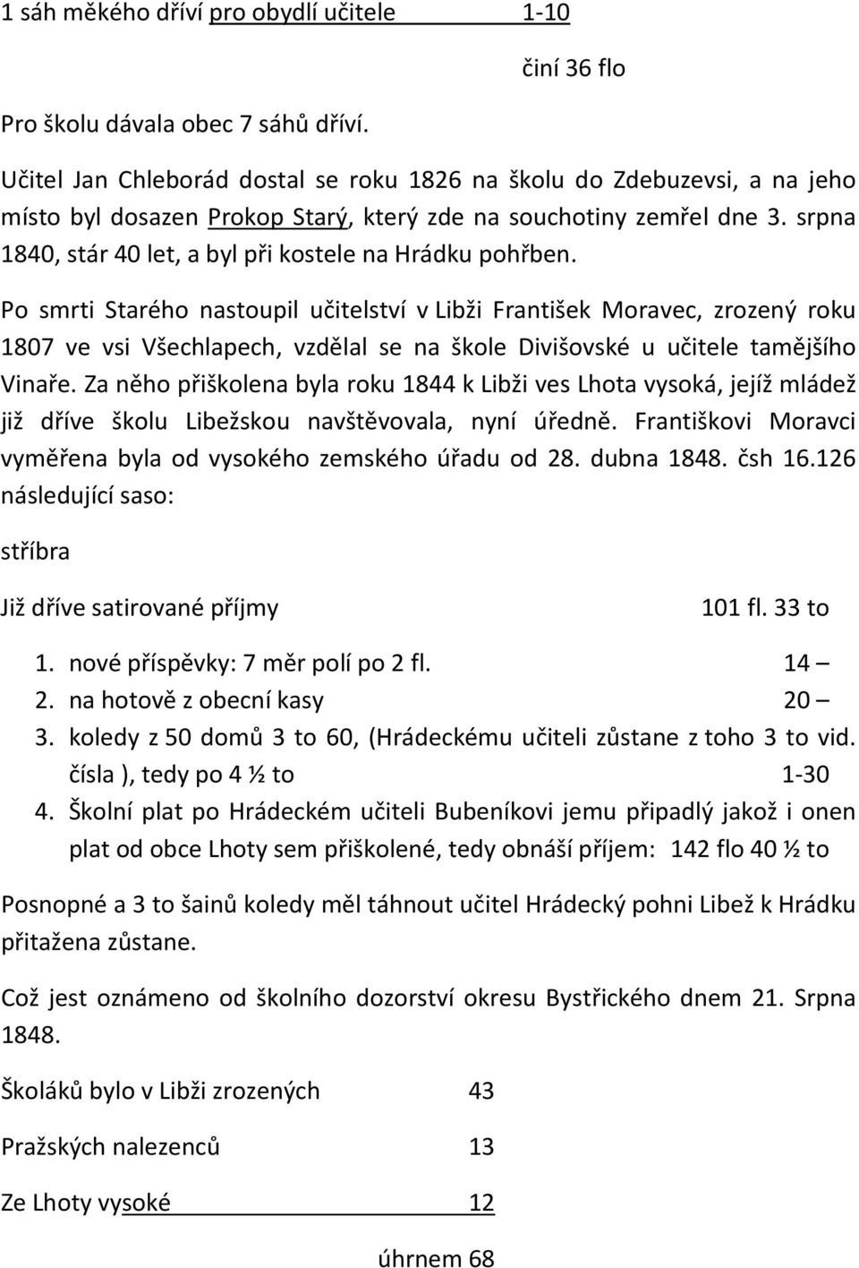 srpna 1840, stár 40 let, a byl při kostele na Hrádku pohřben.