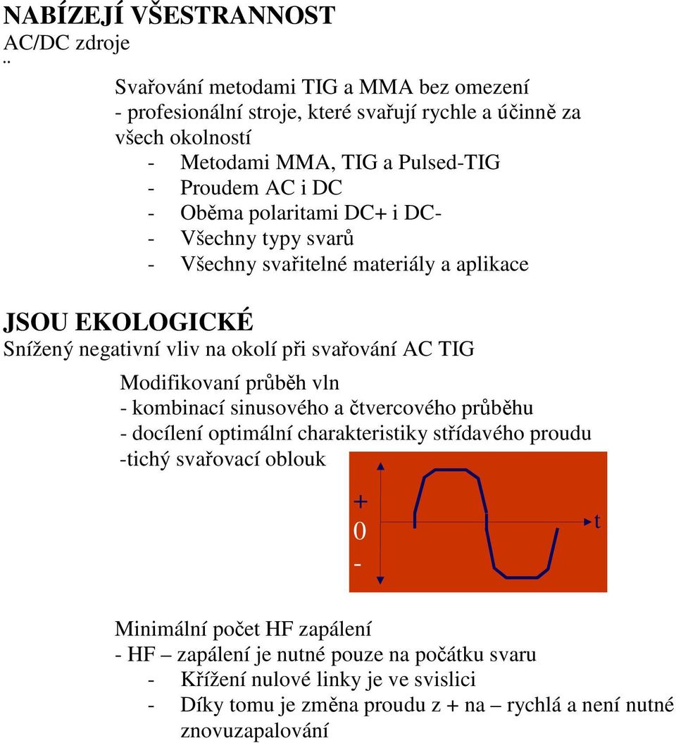 svařování AC TIG Modifikovaní průběh vln - kombinací sinusového a čtvercového průběhu - docílení optimální charakteristiky střídavého proudu -tichý svařovací oblouk + 0 - t