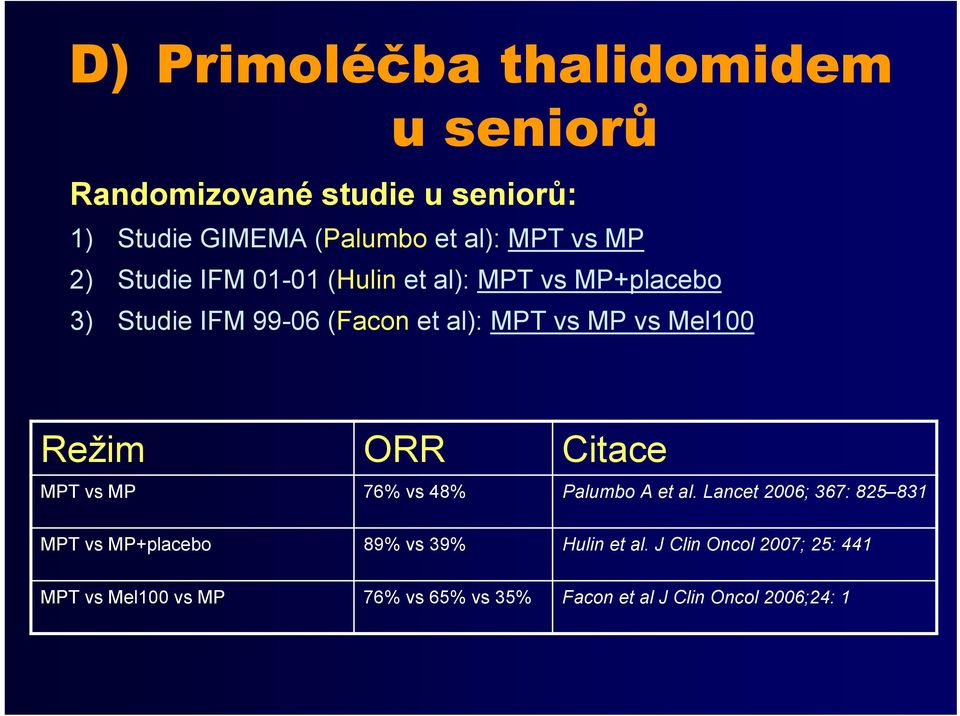 Režim ORR Citace MPT vs MP 76% vs 48% Palumbo A et al.