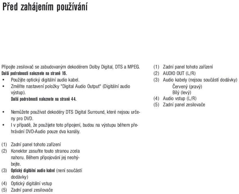 7 PŘIPOJENÍ ANALOGOVÉHO ZESILOVAČE NEBO SYSTÉMO- VÉ KOMPONENTY Připojte zesilovač se zabudovaným dekodérem Dolby Digital, DTS a MPEG. Další podrobnosti naleznete na straně 16.