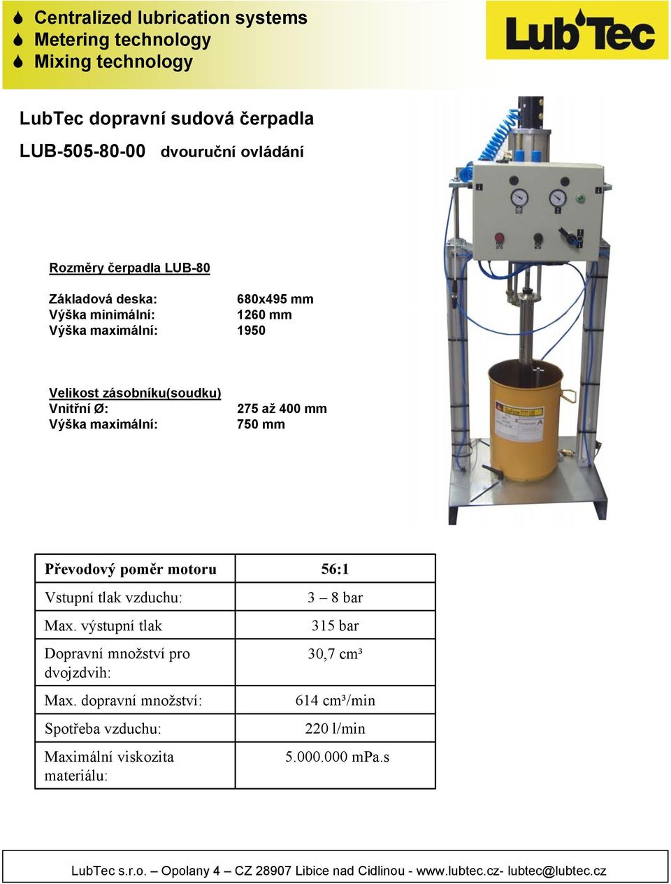 Vnitřní Ø: Výška maximální: 275 až 400 mm 750 mm 56:1