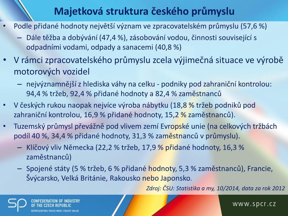 94,4 % tržeb, 92,4 % přidané hodnoty a 82,4 % zaměstnanců V českých rukou naopak nejvíce výroba nábytku (18,8 % tržeb podniků pod zahraniční kontrolou, 16,9 % přidané hodnoty, 15,2 % zaměstnanců).