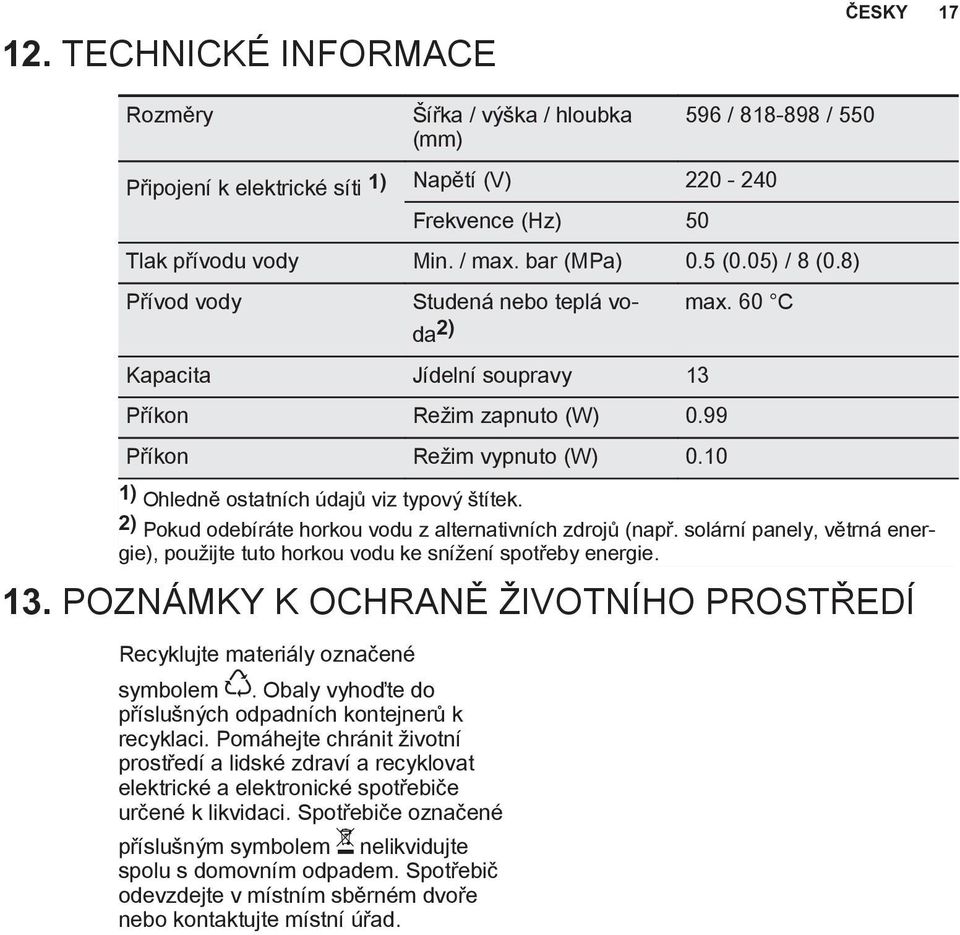 10 1) Ohledně ostatních údajů viz typový štítek. 2) Pokud odebíráte horkou vodu z alternativních zdrojů (např. solární panely, větrná energie), použijte tuto horkou vodu ke snížení spotřeby energie.