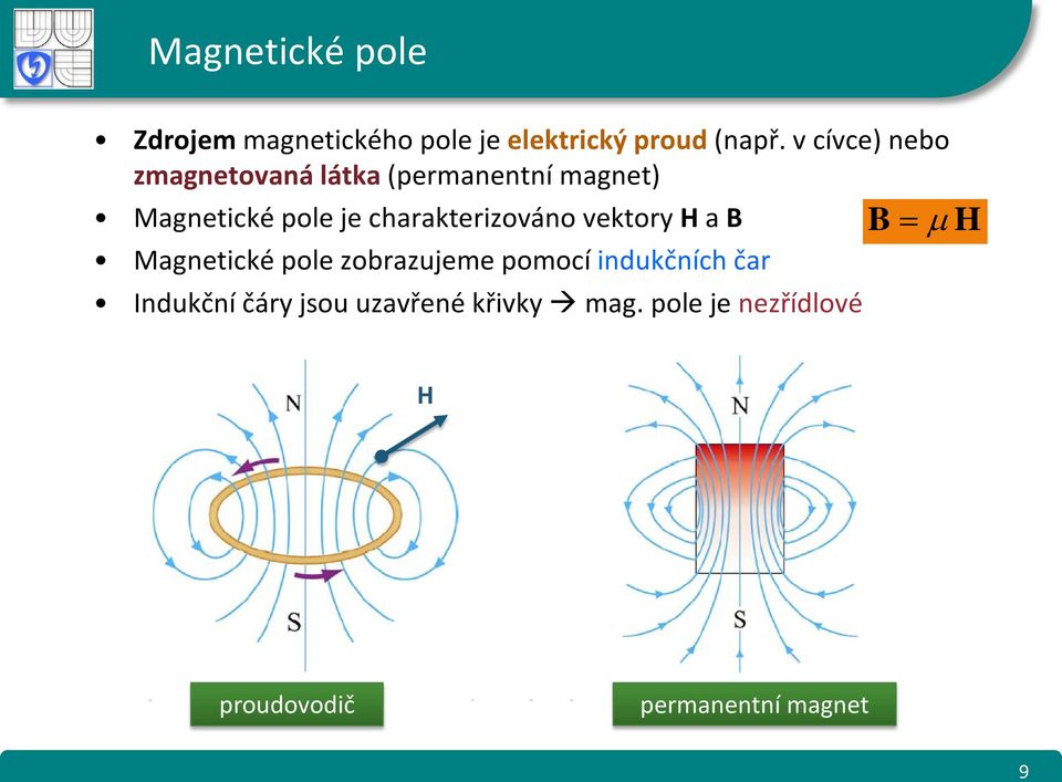 charakterizováno vektory H a B Magnetické pole zobrazujeme pomocí indukčních čar