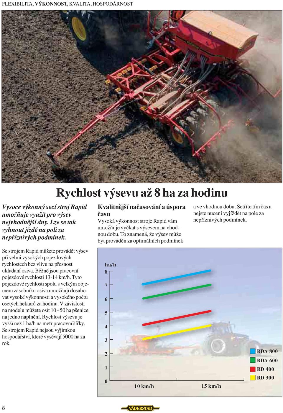 Tyto pojezdové rychlosti spolu s velkým objemem zásobníku osiva umožňují dosahovat vysoké výkonnosti a vysokého počtu osetých hektarů za hodinu.