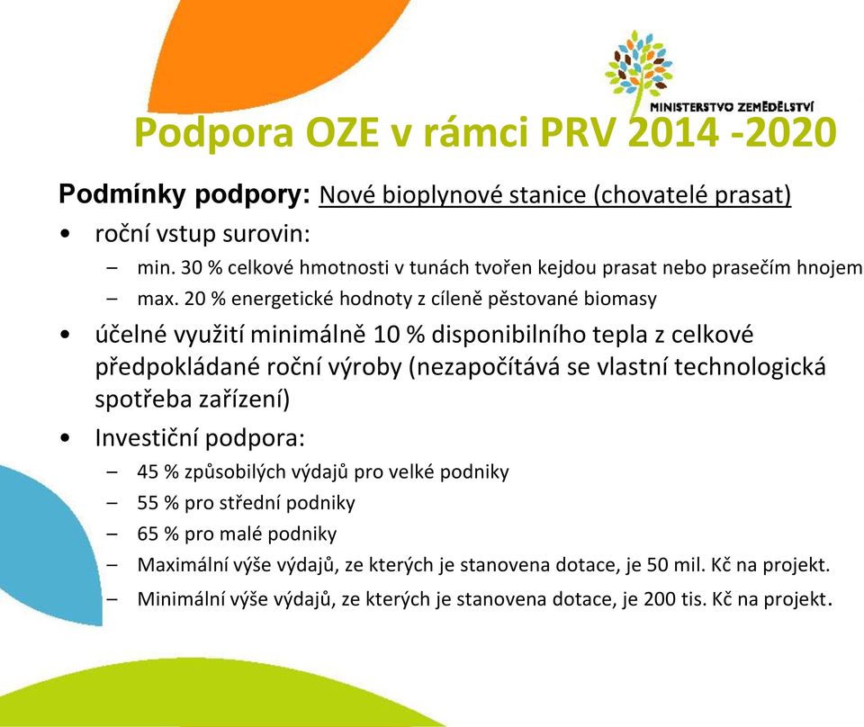 20 % energetické hodnoty z cíleně pěstované biomasy účelné využití minimálně 10 % disponibilního tepla z celkové předpokládané roční výroby (nezapočítává se vlastní